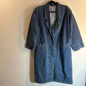 DENIM JEAN COAT Sz XL Lined Contrasting Stripe Pockets 100% Cotton Shoulder Pads